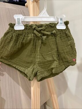 Pink Chicken Olive Green Gauze Drawstring Shorts with Pink Heart Accent